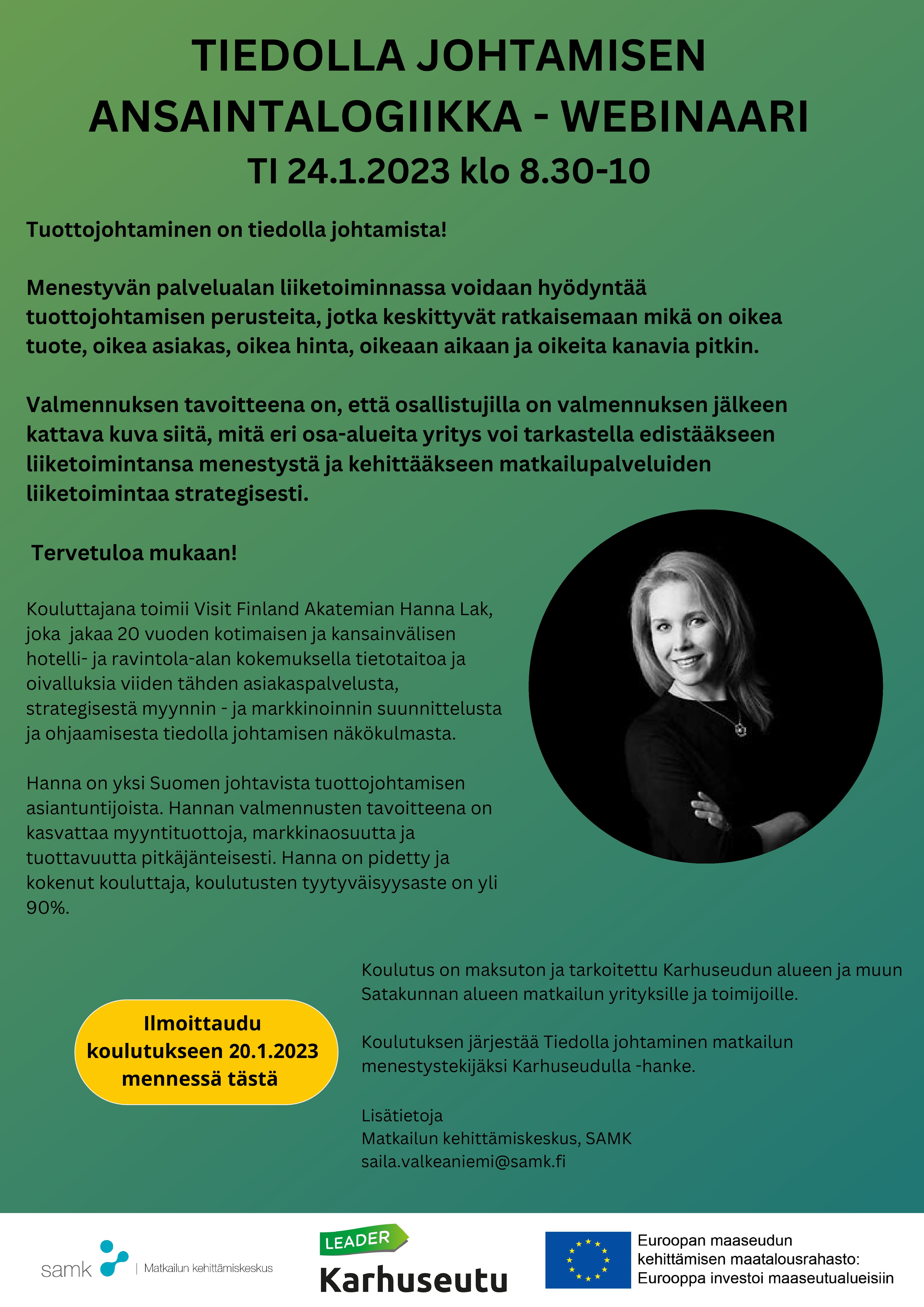 Matkailualan toimijoille tiedolla johtamisen ansaintalogiikka -webinaari