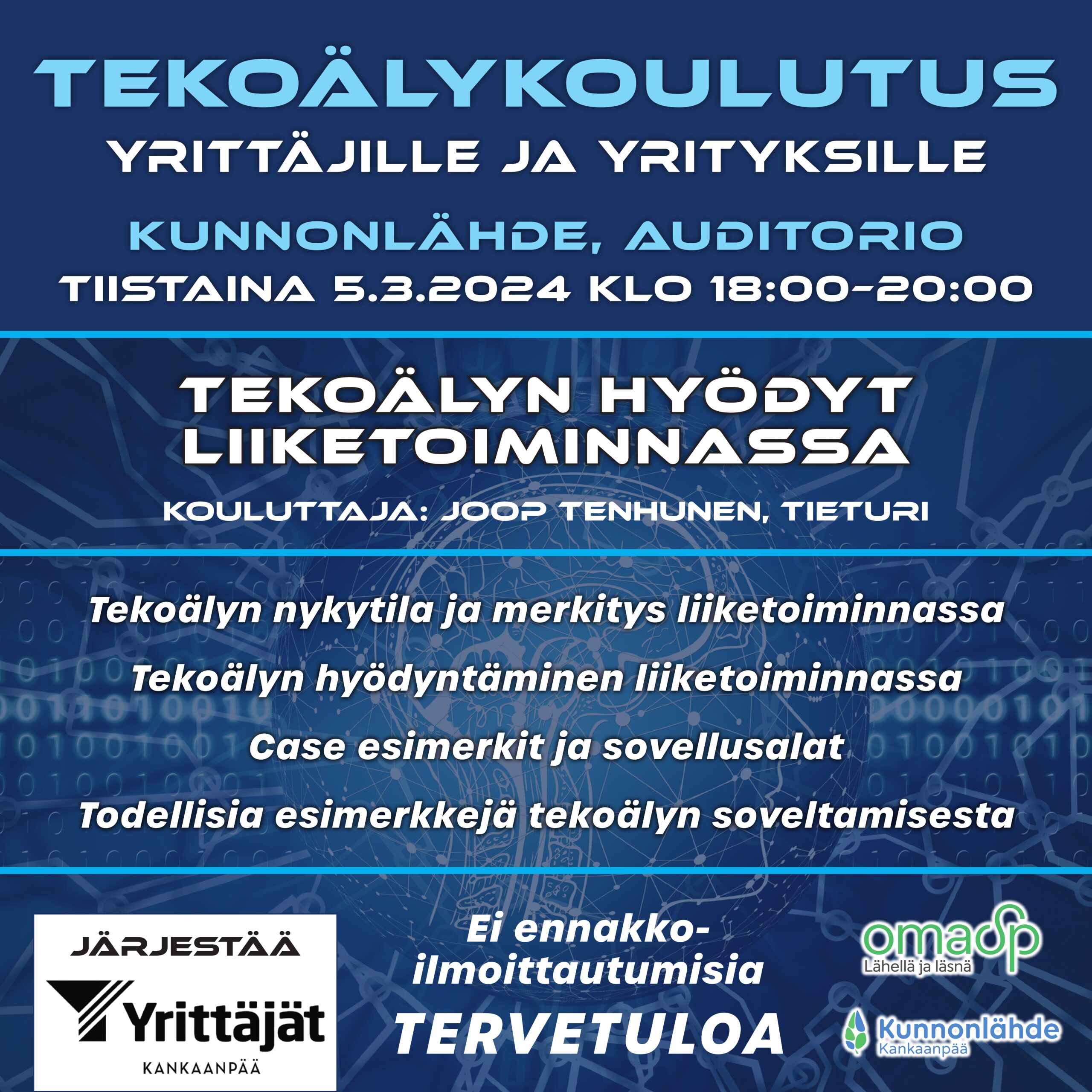 Yrityksille ja yrittäjille tekoälykoulutusta 5.3. klo 18-20