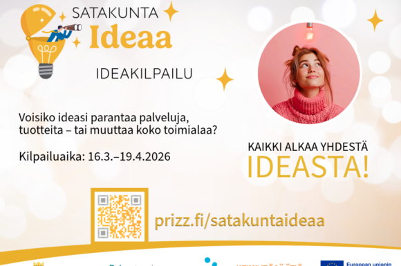 Satakunta ideaa mainokset - artikkeli Satakunta Ideaa 2026 -ideakilpailun mainoskuva, jossa kerrotaan kilpailuajan olevan 16.3.–19.4.2026 ja ohjataan sivulle prizz.fi/satakuntaideaa.